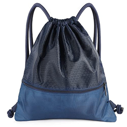 Drawstring Backpack Bag, Waterproof Draw String Back Sack with Zip Pocket, Gym Drawstring Bags Swim Bag for Men Women - color: Navy Blue, Upgraded