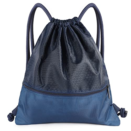 Drawstring Backpack Bag, Waterproof Draw String Back Sack with Zip Pocket, Gym Drawstring Bags Swim Bag for Men Women - color: Navy Blue, Upgraded