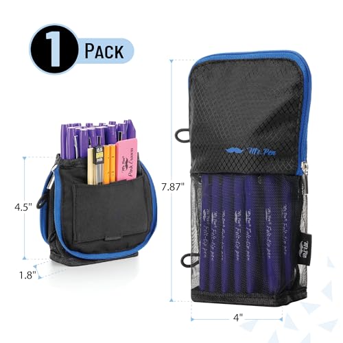 Mr. Pen- Standing Pencil Case Pouch, Sit & Lay Mesh-View Design, Black with Blue Zipper, Interior Pocket & 2 Elastic Binder Loops, Cute Pencil Case for Girls and Boys - color: Black with Blue Zipper