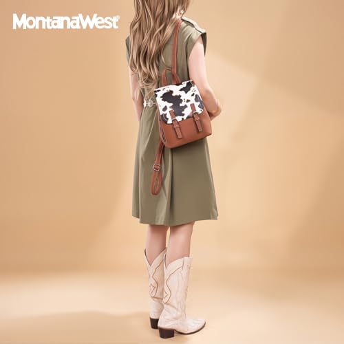 Montana West Brown Cow Print Small Backpack for Women Vegan Leather Mini Womens Backpack Purse Cute Convertible Shoulder Bag - color: Brown Cow Print