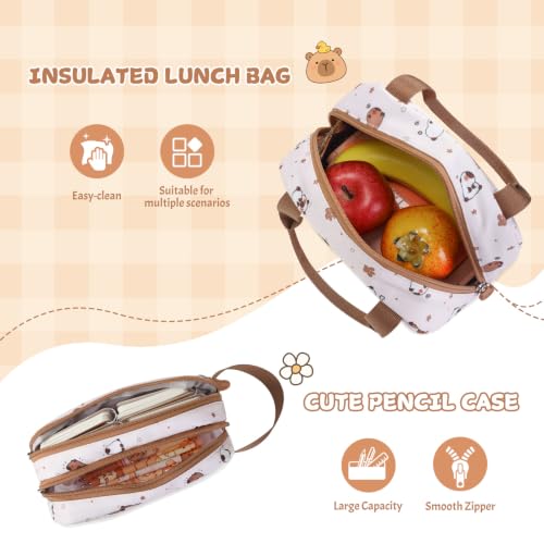 Capybara Theme Backpack for School Girls, 35PCS Kids Backpack Set with School Supplies Stationery Kit Lunch Box Pencil Case, Cute Girls Bookbag for Kindergarten Elementary Student - color: Beige