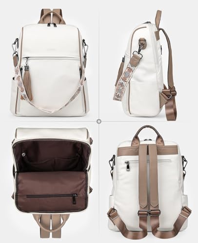 FADEON Faux Leather Backpack Purse, Daypack for Women, Fits 13" Laptop - color: White Contrast Camel Retro Style