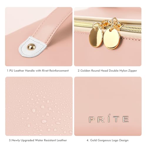 Prite Makeup Bag for Women Travel Waterproof Vegan Leather Cosmetic Bag Open Flat Toiletry Bag With Clear Divider and Handle (Pink, Large) - color: Pink, size: Large