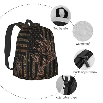 Camo Hunting Backpack USA Flag Deer School Bag Lightweight Bookbag Casual Daypack for Girls Boys Kids Women Men Travel Laptop 16 Inch - color: Hunting