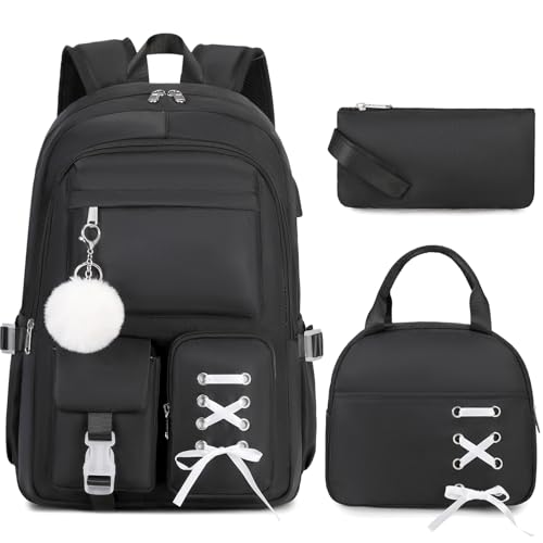 Scothen Backpacks for Girls, Girls Backpack with Lunch Box & Pencil Pouch for Teens Girl Kids Elementary Middle High School College Student Bookbag Daypack Laptop Travel Backpack for Women - color: Black