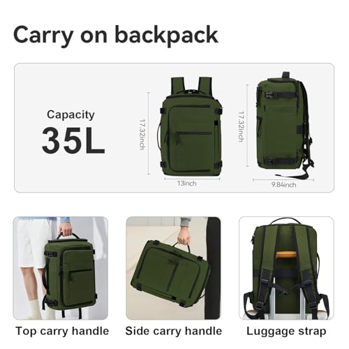 Carry On Travel Backpack Flight Approved Laptop Backpack Business Work Backpack for Women Men Large Capacity Casual Daypack with Wet/Dry Separation Pockets, Dark Green - color: Dark Green, style: B