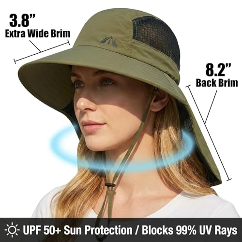 UV Sun Protection Hat Women Foldable Neck Flap Wide Brim Fishing Hat with Ponytail Hole for Women - color: 002 Army Green