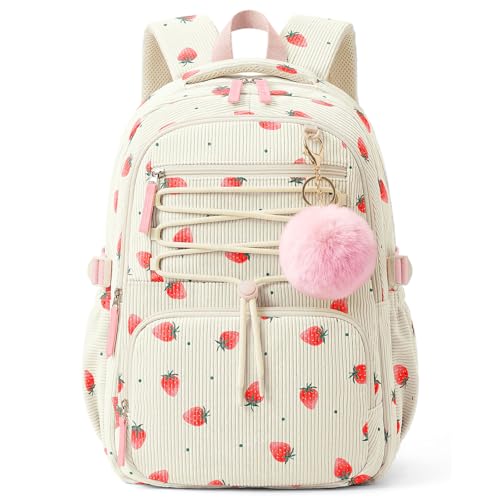 WOBAGMEN Corduroy Backpack for Girl Kids,Cute Aesthetic School Backpack with Multi-Pocket,Lightweight Bookbag Fits 15.6" Laptop,Large Capacity Casual Daypacks for Middle High School College,Strawberry - color: Strawberry