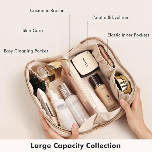 Prite Makeup Bag for Women Travel Waterproof Vegan Leather Cosmetic Bag Open Flat Toiletry Bag With Clear Divider and Handle (Beige, Large) - color: Beige, size: Large