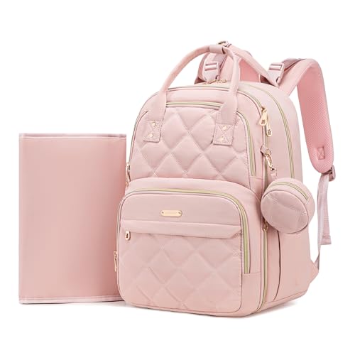 Diaper Bag Backpack, Large 26L Baby Bag with Portable Changing Pad & Pacifier Case, Waterproof Quilted Maternity Backpack for Mom and Dad, Travel Essentials with Insulated Pockets, Pink - color: Pink