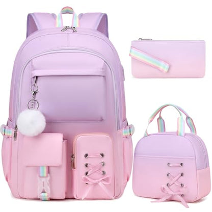Scothen Backpacks for Girls, Girls Backpack with Lunch Box & Pencil Pouch for Teens Girl Kids Elementary Middle High School College Student Bookbag Daypack Laptop Travel Backpack for Women - color: Purple Pink
