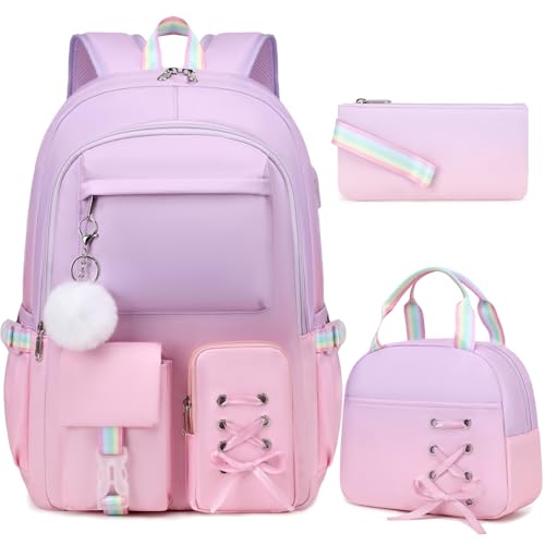 Scothen Backpacks for Girls, Girls Backpack with Lunch Box & Pencil Pouch for Teens Girl Kids Elementary Middle High School College Student Bookbag Daypack Laptop Travel Backpack for Women - color: Purple Pink