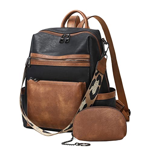 AGLOD Leather Backpack Purse for Women Designer Ladies Shoulder Bag Fashion Faux Work Travel Handbags - color: Kcus22001-black-brown