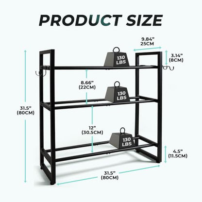 3 Tier Adjustable Dumbbell Rack, 31.5 Inch Length Dumbbell Weight Rack Stand for Home Gym Storage Organizer Dumbbells Kettlebell Up to 390 LB Capacity (Dumbbells Rack Stand Only) ﻿
