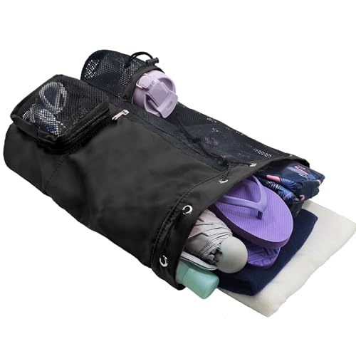 Mesh Beach Backpack with Wet Pocket Drawstring Pool Bag Waterproof Swimming Bag Gym Backpack for Men & Women - color: Black