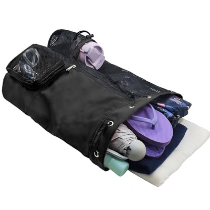 Mesh Beach Backpack with Wet Pocket Drawstring Pool Bag Waterproof Swimming Bag Gym Backpack for Men & Women - color: Black
