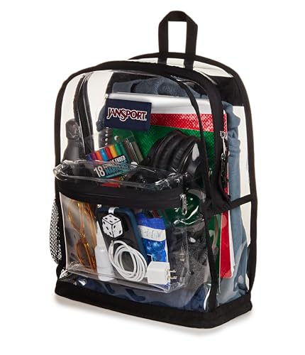JanSport Clear Pack – 25.5L Transparent Backpack, Large Main Compartment, Side Water Bottle Pocket, Front Zippered Pocket, Mesh Bottom Panel, Clear - color: Clear, size: Large
