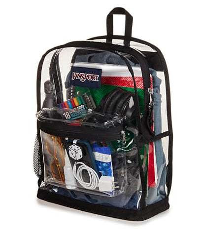 JanSport Clear Pack – 25.5L Transparent Backpack, Large Main Compartment, Side Water Bottle Pocket, Front Zippered Pocket, Mesh Bottom Panel, Clear - color: Clear, size: Large