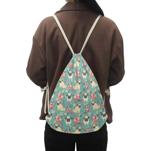 Upetstory Fun Pug Dog Floral Print Drawstring Backpack Shoulder Bags Lightweight Gym Bag Sackpack for Women Girls - color: Pug Dog