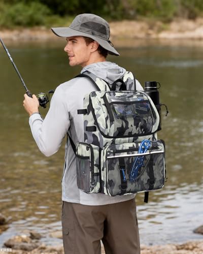 Fishing Backpack, Large Water Resistant Tackle Bag Storage Fishing Gear and Equipment, Built-in Cooler Compartment Grey - color: Grey Camo