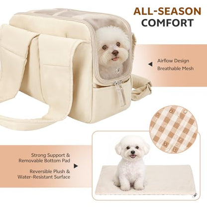 Dog Purse Carrier for Small Dogs and Cats, Soft-Sided Pet Tote Bag with 6 Large Pockets, Collapsible Travel Puppy Carrier, Fits Pets up to 16 lbs (Beige, 17.5" L x 8" W x 12" H) - color: Beige, size: 17.5"L x 8.0"W x 12.0"H