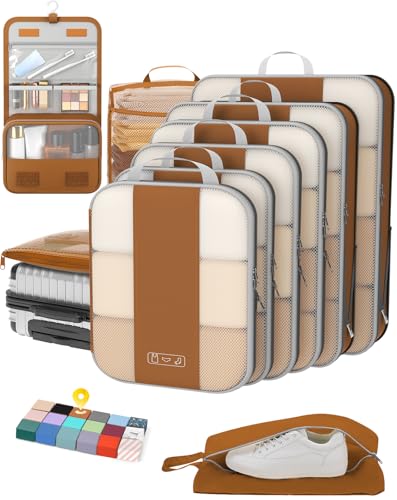 OlarHike 10-Pack Compression Packing Cubes for Travel Essentials,Compressible Expandable Packing Cubes for Suitcase,Luggage Garment Bags for Travel,Handy Helper for Organizing Clothes(Brown) - color: Brown
