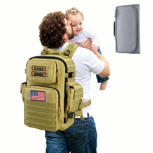 SHARKMOUTH Military Diaper Bag for Baby - Large Baby Backpack with Changing Pad for Boy Girl - Army Dad Diaper Bag for Hiking Travel Camping Trips Tan - color: Tan W/ Changing Pad