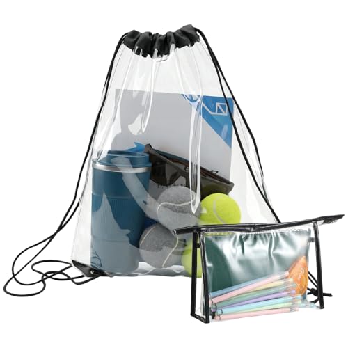 Clear Drawstring Bag 17x13in Transparent Backpack | Clear Bag for Stadium Pvc Men And Women for Baseball Festival Beach Makeup Gym(2, Black)