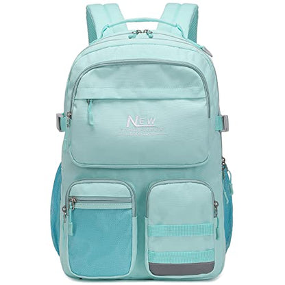 Water Resistant Backpack for Teen Girls Boys Students, Casual Multi Pockets Daypack with 15.6 inch Laptop pocket for Travel School College (Water Blue) - color: Water Blue With Embroidery