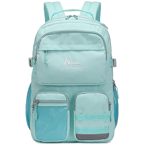 Water Resistant Backpack for Teen Girls Boys Students, Casual Multi Pockets Daypack with 15.6 inch Laptop pocket for Travel School College (Water Blue) - color: Water Blue With Embroidery