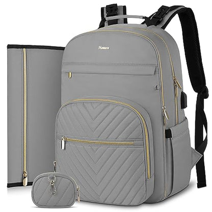 MOMUVO Diaper Bag Backpack, Quilted Baby Bag with Changing Pad and Stroller Straps and Pacifier Case, Large Travel Diaper Bags for Mom Dad, Grey - color: Grey