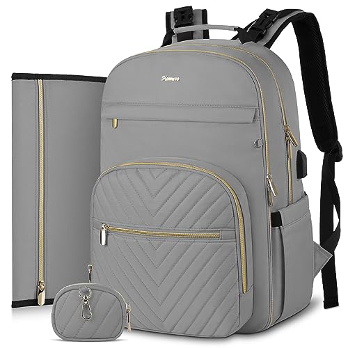 MOMUVO Diaper Bag Backpack, Quilted Baby Bag with Changing Pad and Stroller Straps and Pacifier Case, Large Travel Diaper Bags for Mom Dad, Grey - color: Grey