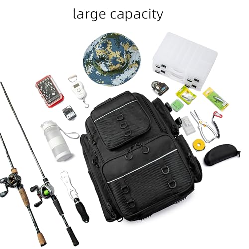 WANOON Fishing Backpack,Tackle Bag,with Tackle Boxes. Large Fishing Bag, Strong Materials | Waterproof Fishing Bag,adjustable divider, hideable shoulder straps, SBS anti-rust zippers, for kayak bank fishing - color: Black, size: 42L-With Tackle Boxes