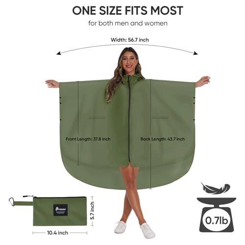 PTEROMY Hooded Rain Poncho for Adult with Pocket and Zipper, Waterproof Lightweight Raincoat for Men and Women - color: Green
