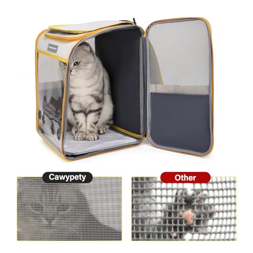 Cawypety Cat Backpack Carrier, Collapsible and Breathability Cat Carrier Large for Cat Under 16 lbs, Dog and Small Pet Carrier Bag Used in Travel, Car - color: Yellow and Beige
