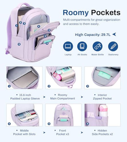 Sisipoet School Backpack for Girls, Lightweight Kids Bookbag Classic College Backpack for Teen Women with Luggage Strap, Age 8-18 Years Old, Purple - color: Purple