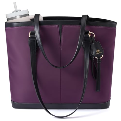 LOVEVOOK Laptop Tote Bag for Women, Lightweight Work Tote with Cup Holder, Waterproof Large Computer Bag for Office Travel - color: Dark Purple, size: 15.6Inch