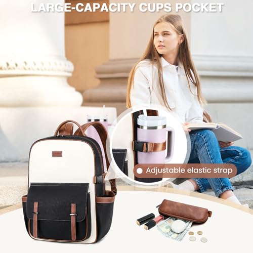Vegan Leather Laptop Backpack for Women Designer 15.6 Inch PU Laptop Bag, Ladies Travel Computer Work Backpack - color: Beige Black Brown