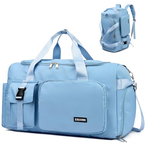 Eslcorri Gym Duffle Bag for Women Men, Sports Backpack with Wet & Shoe Compartment, Fitness Overnight Weekender Bag for Yoga, Swim, Travel (B, Light Blue) - color: 42L-Light Blue, style: Style B