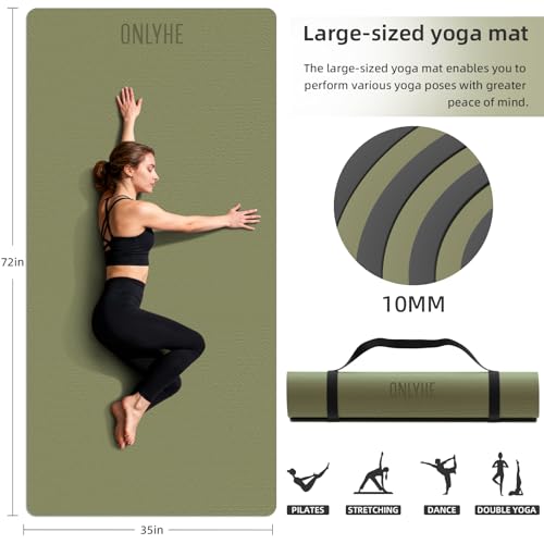 Wide Yoga Mat Thick(10mm) Exercise Mat Non Slip Anti-tear,72"x35" Extra Large Pilates Mats for Home Workouts, Gym & Floor Stretching with Carrier Strap - color: Dark green + Black