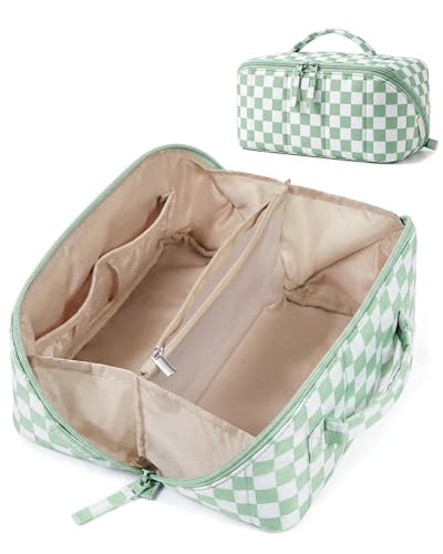 BAGSMART Travel Makeup Bag for Women, Portable Water-resistant Cosmetic Case, Puffy Padded Make Up Organizer Pouch, Open Flat Toiletry Bag for Toiletries, Brushes, Checkred Green - color: 12-Checkred Green