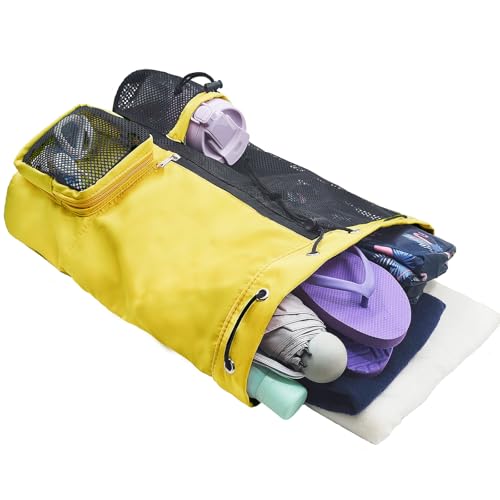 Mesh Beach Backpack with Wet Pocket Drawstring Pool Bag Waterproof Swimming Bag Gym Backpack for Men & Women - color: Yellow