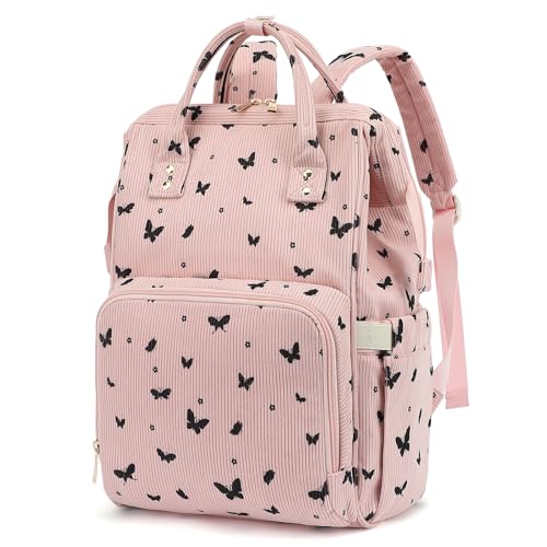 College Laptop Backpack, Travel Backpack for Women, Corduroy Casual Daypack, School Backpack Bookbag for Girls (Pink Corduroy Butterfly) - color: Pink Corduroy Butterfly