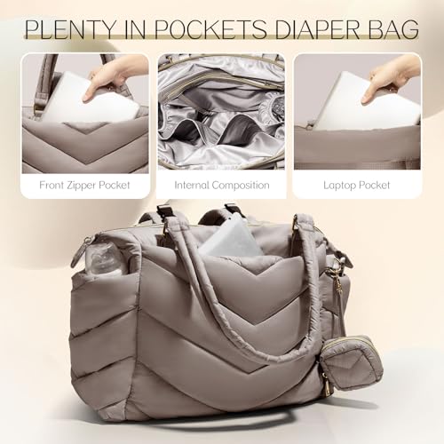 Diaper Bag Tote, Diaper Bag Backpack,Puffer Tote Bag with Pacifier Case, Lightweight Mommy for Hospital, Puffy with 10 Pockets, Convertible Baby for Travel,Khaki - color: Khaki
