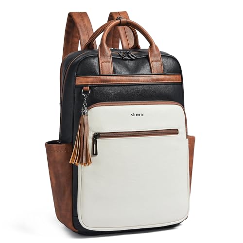 Shrrie Laptop Backpack for Women 15.6 inch Travel Leather Backpack Purse Work Computer Backpacks for Business College Black With Brown and White - color: Black With Brown and White