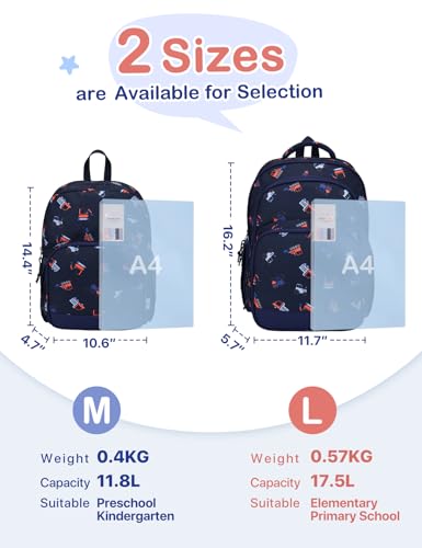 VASCHY Kids Backpacks, 12L Toddler & 17.5L School Backpacks, Lightweight Water-Resistant for Boys and Girls Ages 3-12 - color: Navy Construction-l, size: Large