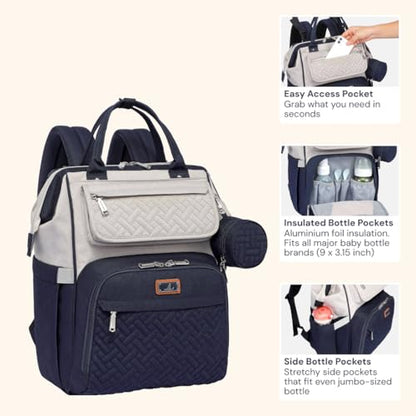 BabbleRoo Diaper Bag Backpack, Multifunction Large Bags with Changing Pad & Stroller Straps Pacifier Case, Unisex Stylish Travel Back Pack Nappy for Moms Dads (Stone Gray Blue) - color: Gray, Blue