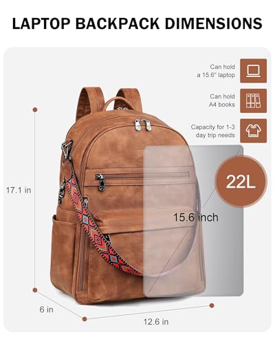 FADEON 15.6 inch Laptop Backpack Purse for Women Designer PU Leather Computer Backpacks Fashion for Work Travel Brown - color: 1 Brown Retro Style