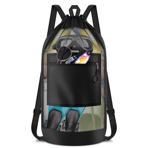 BROTOU Drawstring Backpack Gym String Bag with Pocket for Men Women Heavy Duty Mesh Bag Sport Equipment Bag for Swimming Yoga Beach Laundry - color: Black backpack-1pc