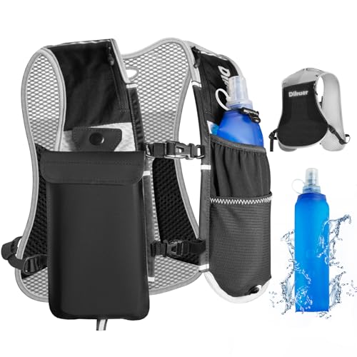 Running Vest for Women Men, Lightweight Hydration Runner Vest with Transparent Waterproof Phone Pocket, 17oz Soft Flask, Adjustable Chest Straps Reflective Backpack for Hiking Cycling Jogging - style: Grey